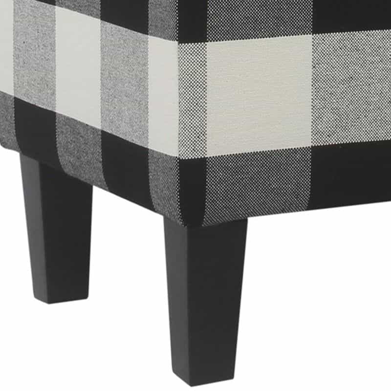 Checkered Pattern Fabric Upholstered Storage Bench With Tapered Wood Legs, Large, Black And White
