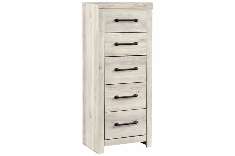 Grained 5 Drawer Wooden Chest With Bar Pull Handles, Distressed White