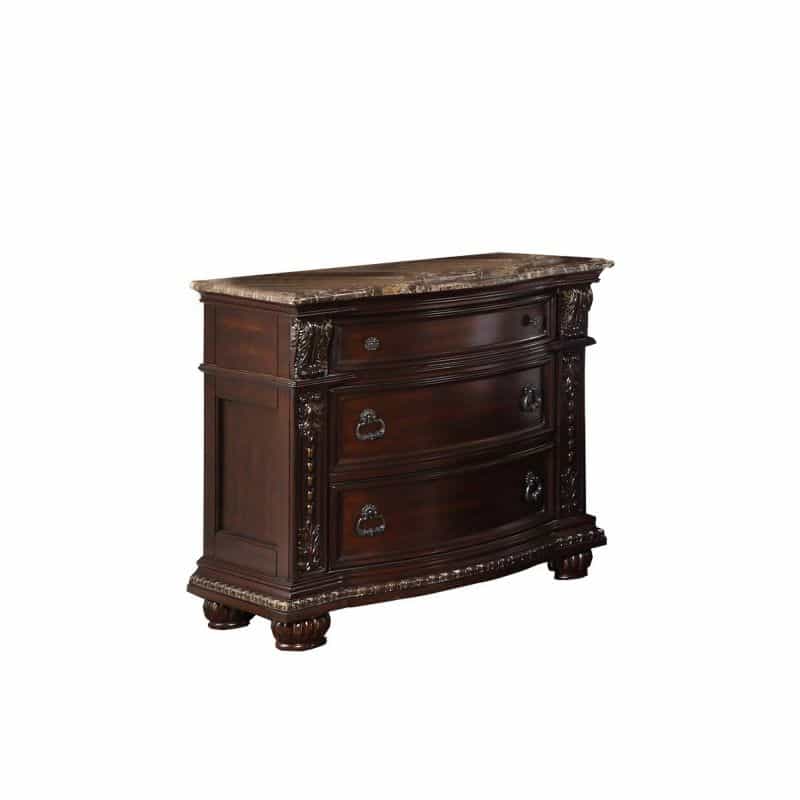 European Style Nightstand With 3 Drawers And Marble Top, Dark Cherry Brown