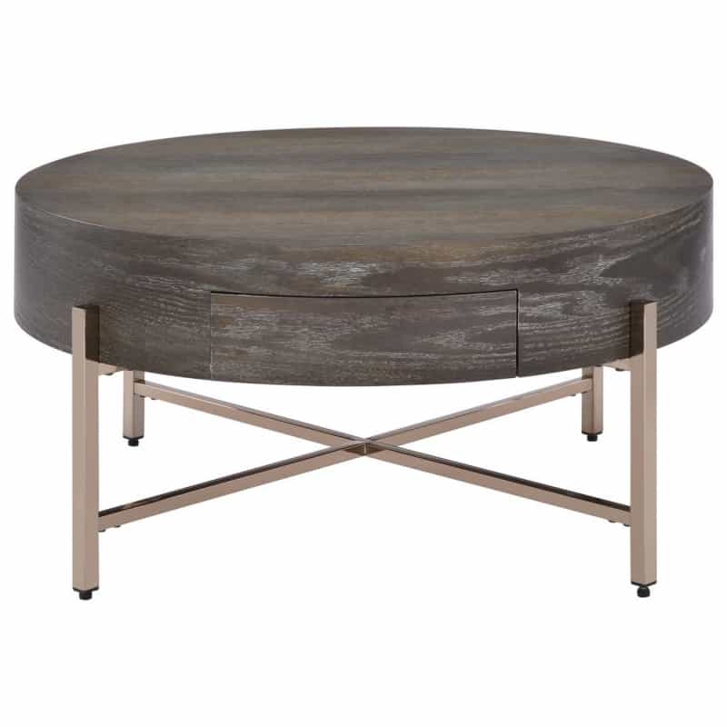 1 Drawer Round Modern Coffee Table With Crossed Metal Legs, Brown And Gold