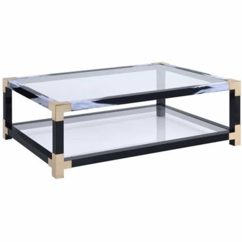 Rectangular Metal Coffee Table With Glass Top And Shelf, Black