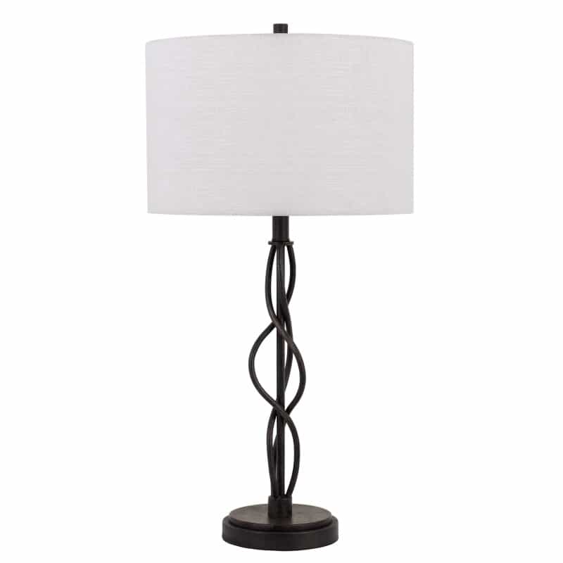 Round Fabric Shade Table Lamp, Metal Spiral Base, White, Textured Bronze