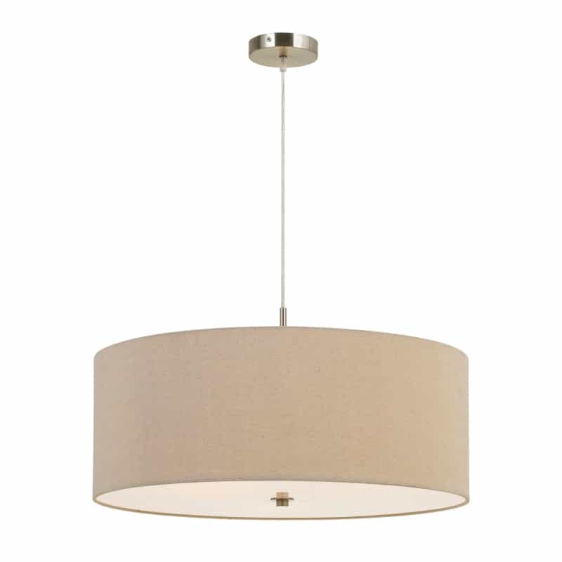60W X 3 Drum Shade Pendant Fixture, Beige And Silver