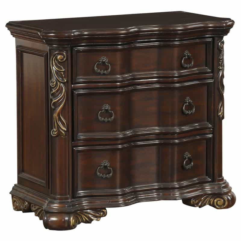 3 Drawer Nightstand With Carved Pilaster And Bracket Feet, Cherry Brown