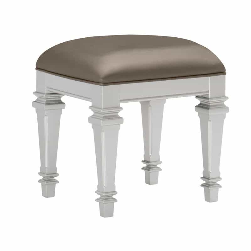 Leatherette Padded Vanity Stool With Tapered Legs And Molded Detail, Silver