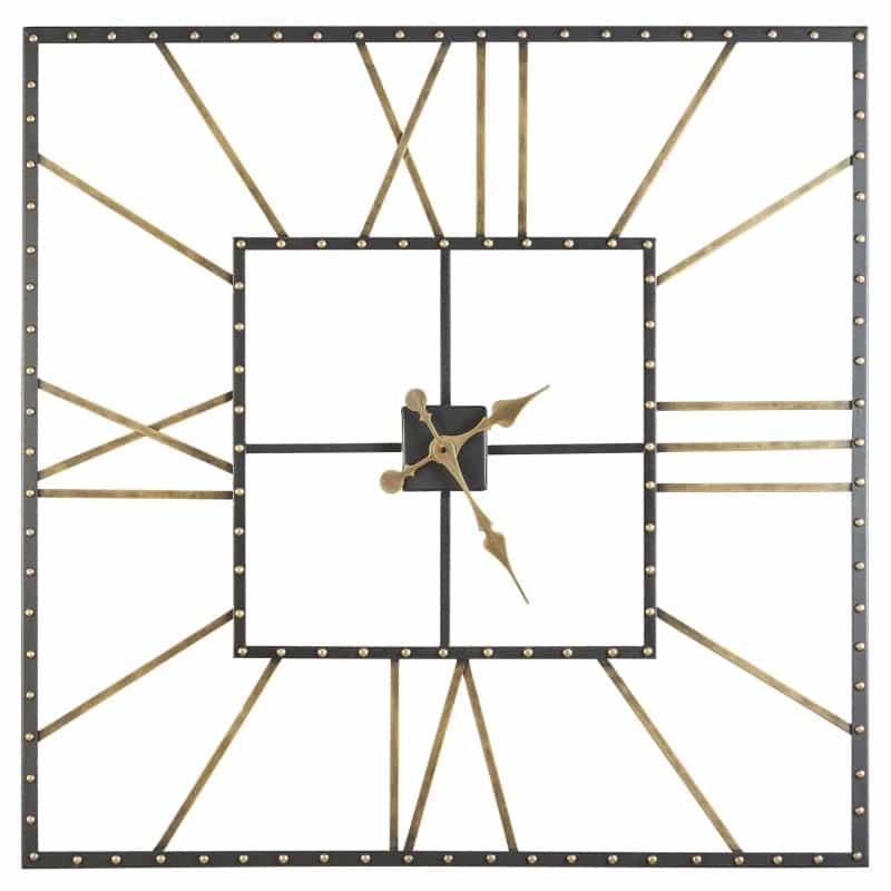 Square Open Frame Metal Wall Clock With Roman Numerals, Black And Gold