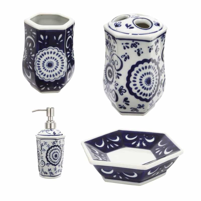 Elegantly Crafted Bath Accessories, Set Of 4, Blue And White