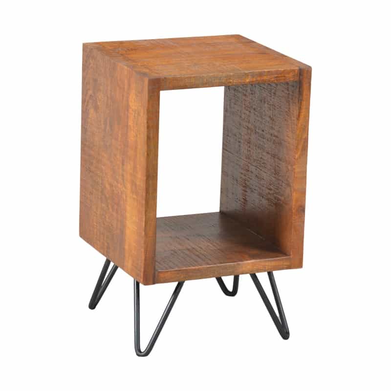 22 Inch Textured Cube Shape Wooden Nightstand With Angular Legs, Brown And Black