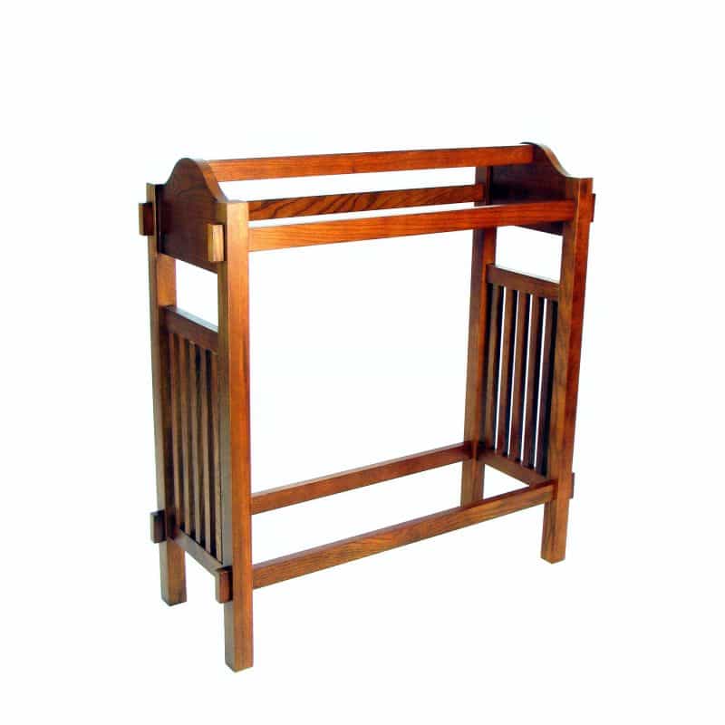 Wooden Mission Style Quilt Rack With 3 Hanging Bars On Scrolled Top, Brown