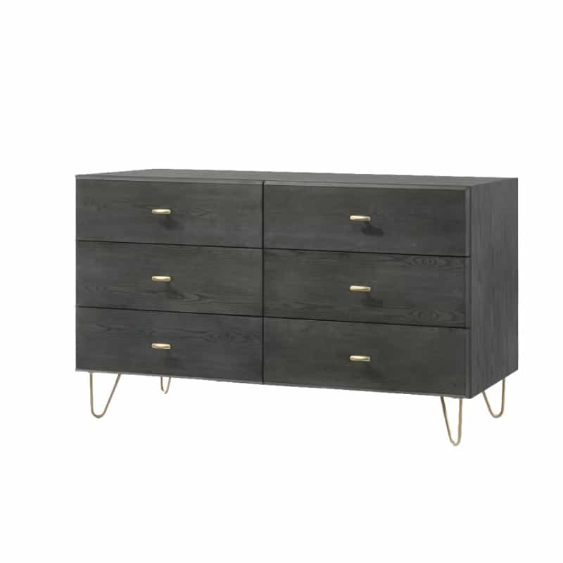 Wooden Dresser With 6 Drawers And Metal Hairpin Legs, Gray And Gold