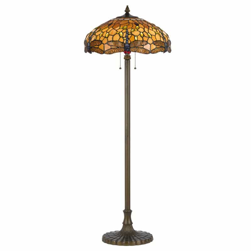 2 Bulb Tiffany Floor Lamp With Dragonfly Design Shade, Multicolor