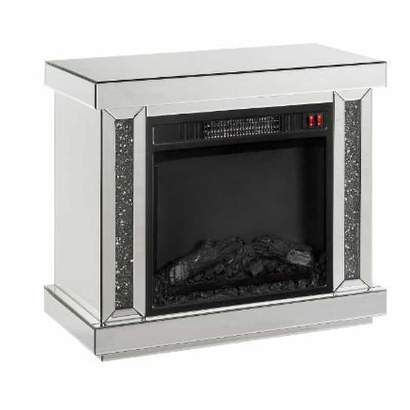 Electric Fireplace With Mirror Panel Framing And Faux Diamonds, Silver