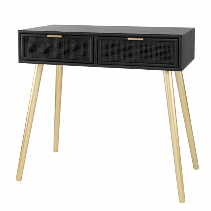 Pia 32 Inch Wood Console Table, 2 Drawers, Woven Rattan Design, Black, Gold