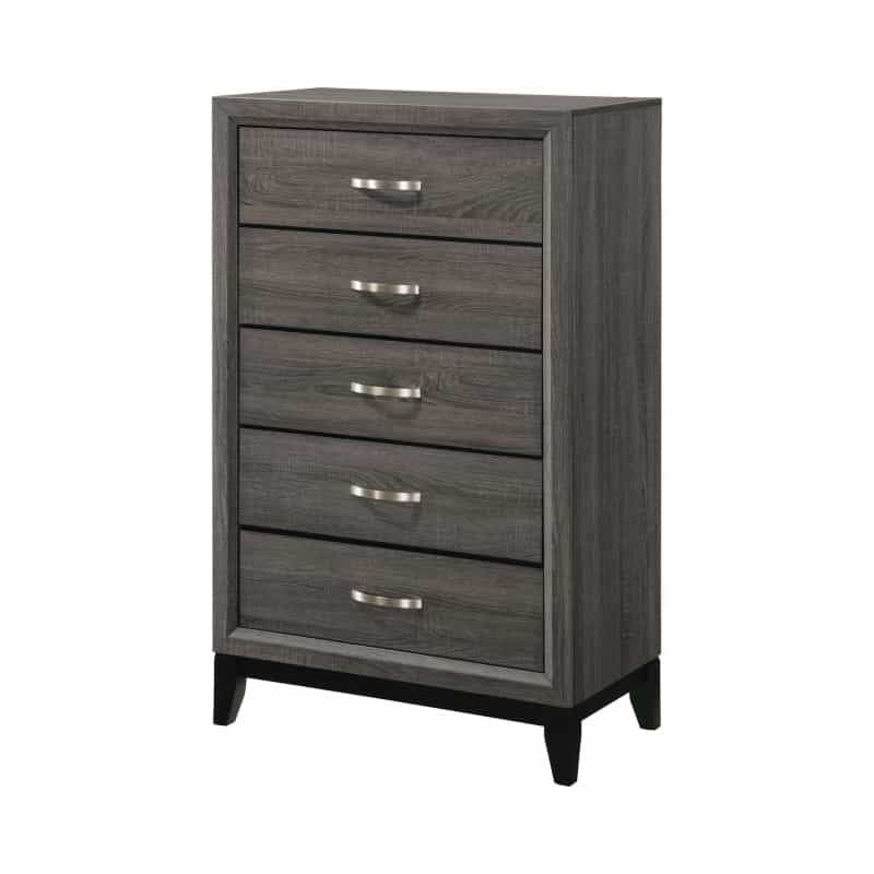 5 Drawer Transitional Chest With Chamfered Feet And Curved Handles, Gray