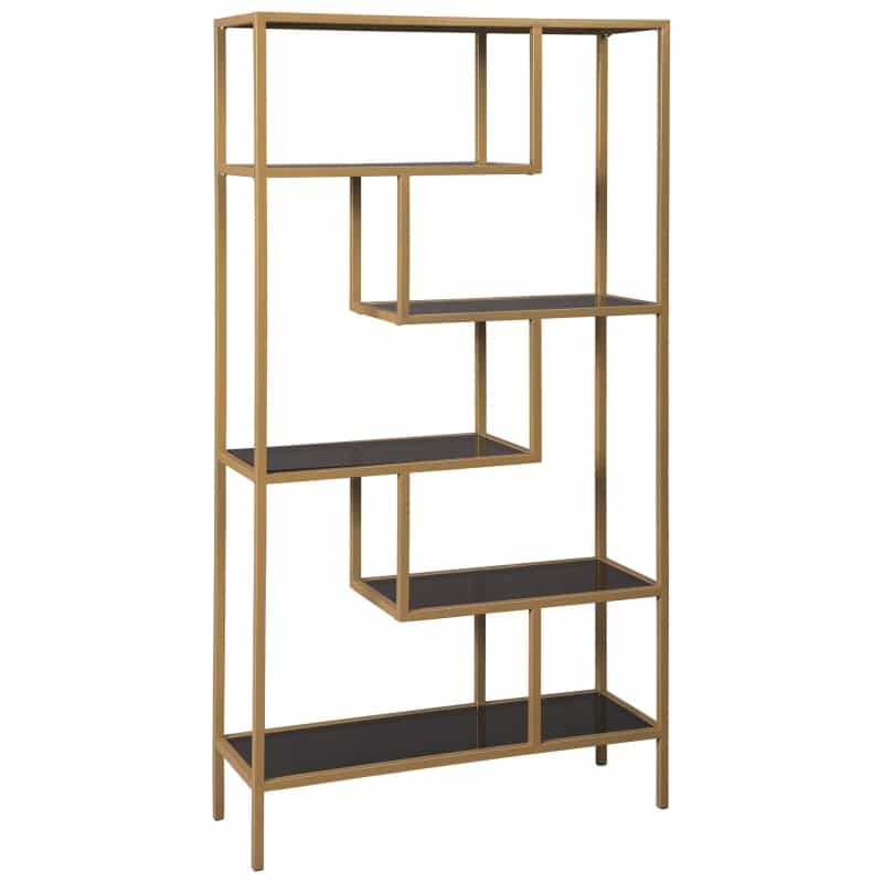 Metal Frame Bookcase With 5 Tiered Display Glass Shelves, Gold And Black