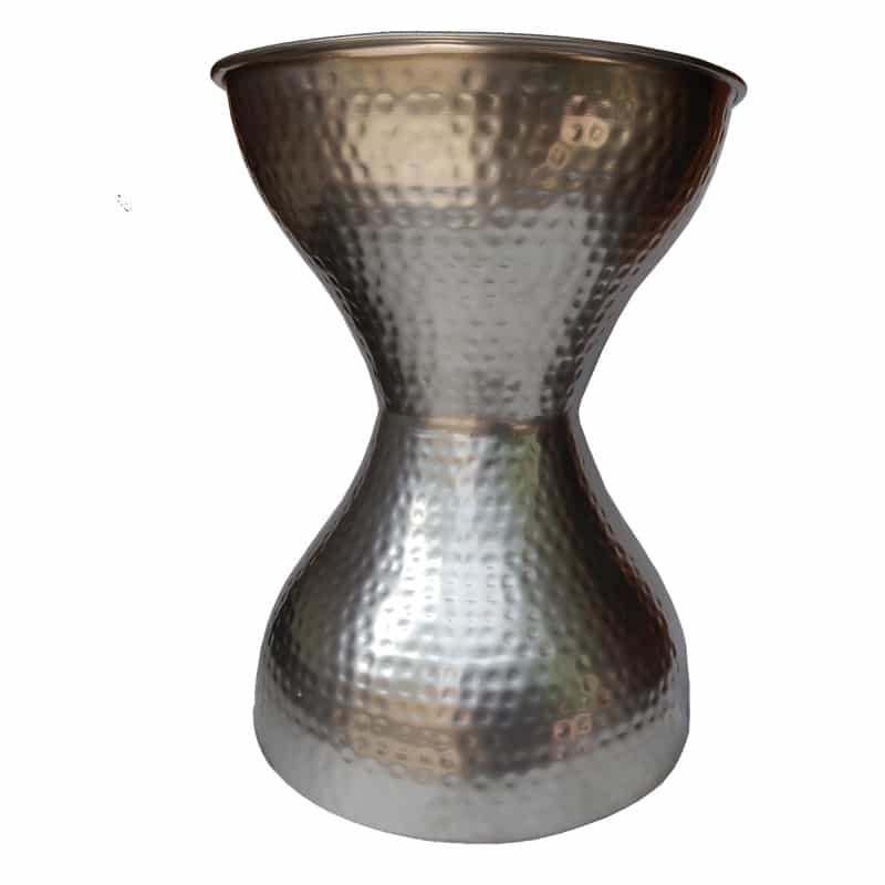 Industrial Style Hammered Texture Iron Stool With Hourglass Shaped Body, Silver