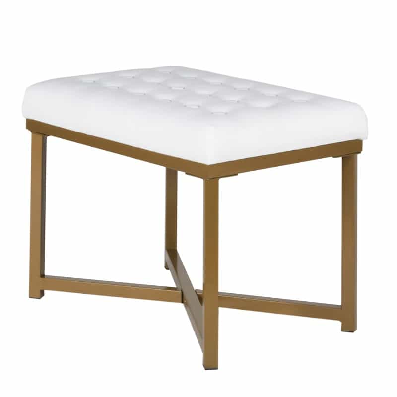 Metal Framed Bench With Button Tufted Velvet Upholstered Seat, White And Gold