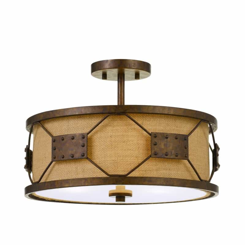 Metal Frame Drum Shade Pendant Fixture With Lattice Design, Rustic Bronze