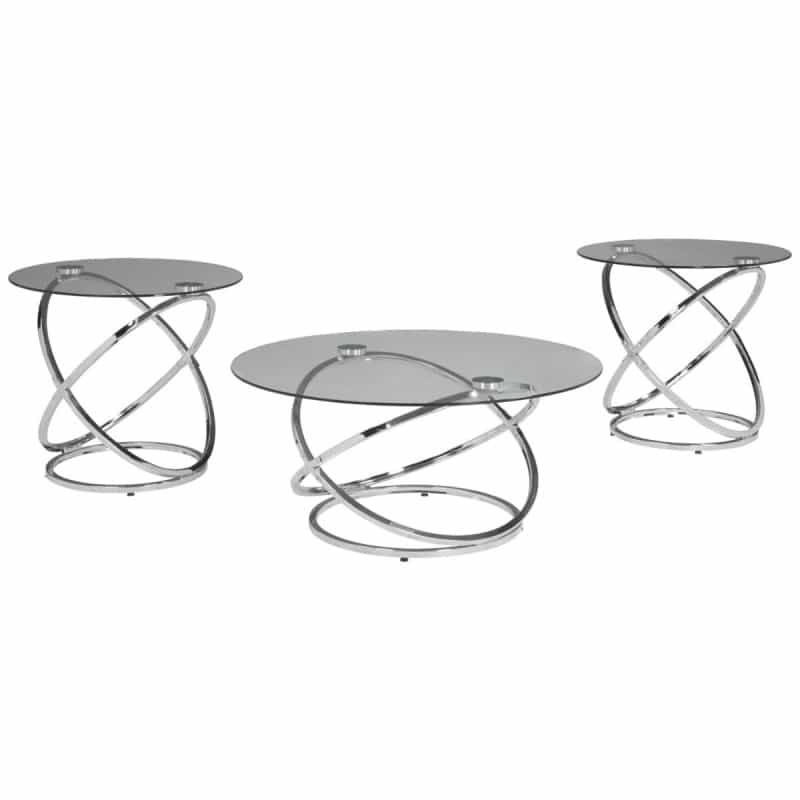 3-Piece Coffee And Side End Table Set | Round Glass Tops With Swirl Chrome Steel Bases | Silver
