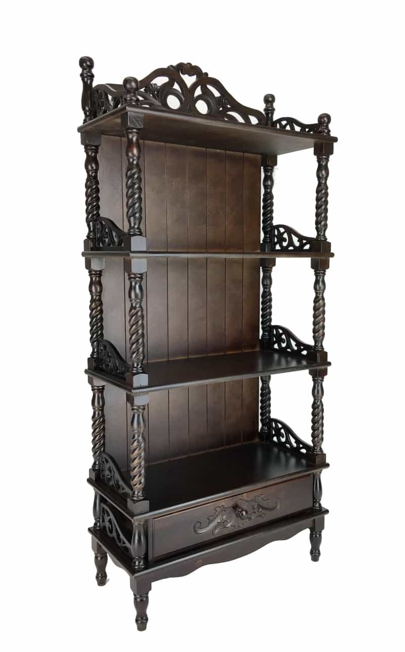 Wooden Bookcase Shelf With Carved Details And Filigree Accents, Brown