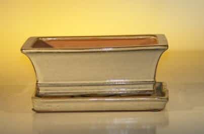 Beige Ceramic Bonsai Pot - Rectangle With Attached Humidity/Drip Tray 8.5" X 6.5" X 3.5"
