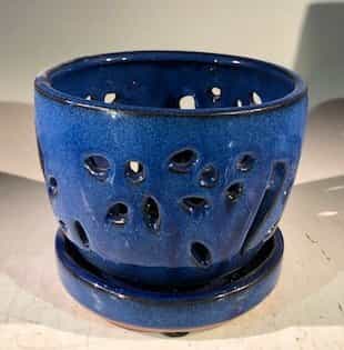 Blue Ceramic Orchid Pot - Round With Attached Humidity Drip Tray 6" X 4.75" Tall
