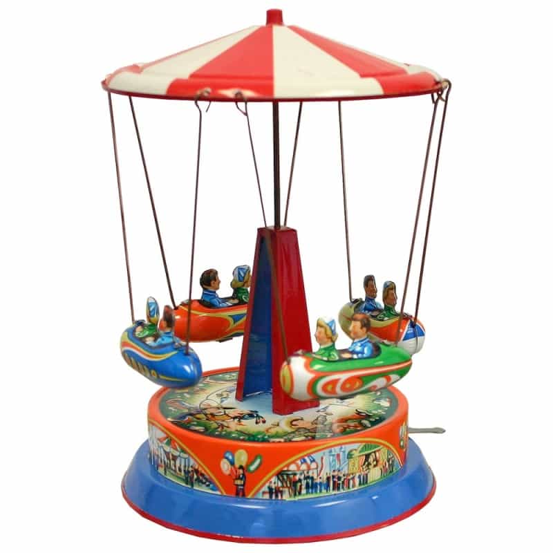German Collectible Tin Toy - Carousel With Rocket Ships On Rods