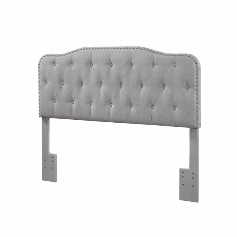 Queen/Full Headboard Gray Linen Upholstered Button Tufted & Nailhead Trim