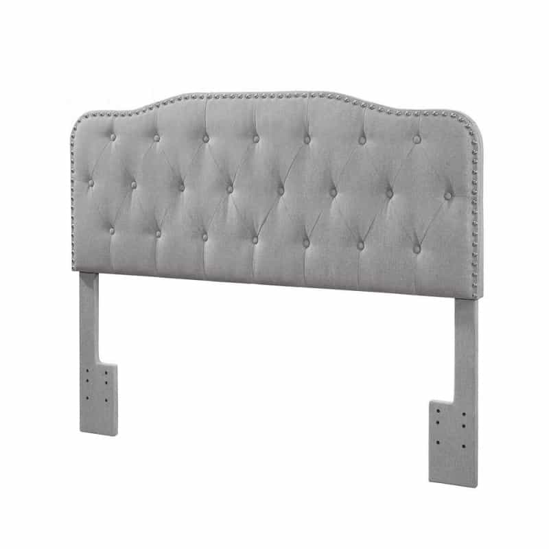 Gray Linen Uph. Panel Bed With Silver Nailhead- Queen
