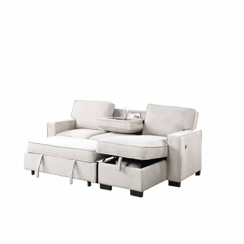 Estelle Beige Fabric Reversible Sleeper Sectional With Storage Chaise Drop-Down Table 2 Cup Holders And 2Usb Ports