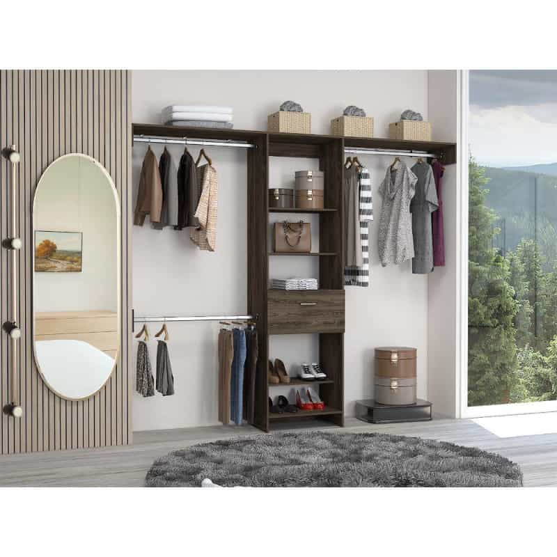 Depot E-Shop Brisk Closet System, One Drawer, Three Metal Rods, Five Open Shelves-Dark Walnut, For Bedroom