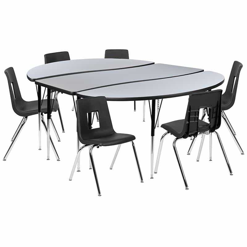 86" Oval Wave Activity Table Set With 18" Student Stack Chairs, Grey/Black