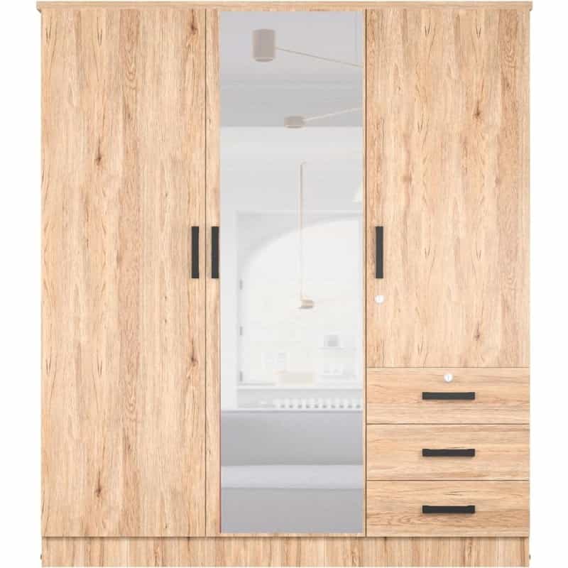 Violet Wardrobe Mirrored Door Closet 3 Doors And 3 Drawers (Natural Oak)