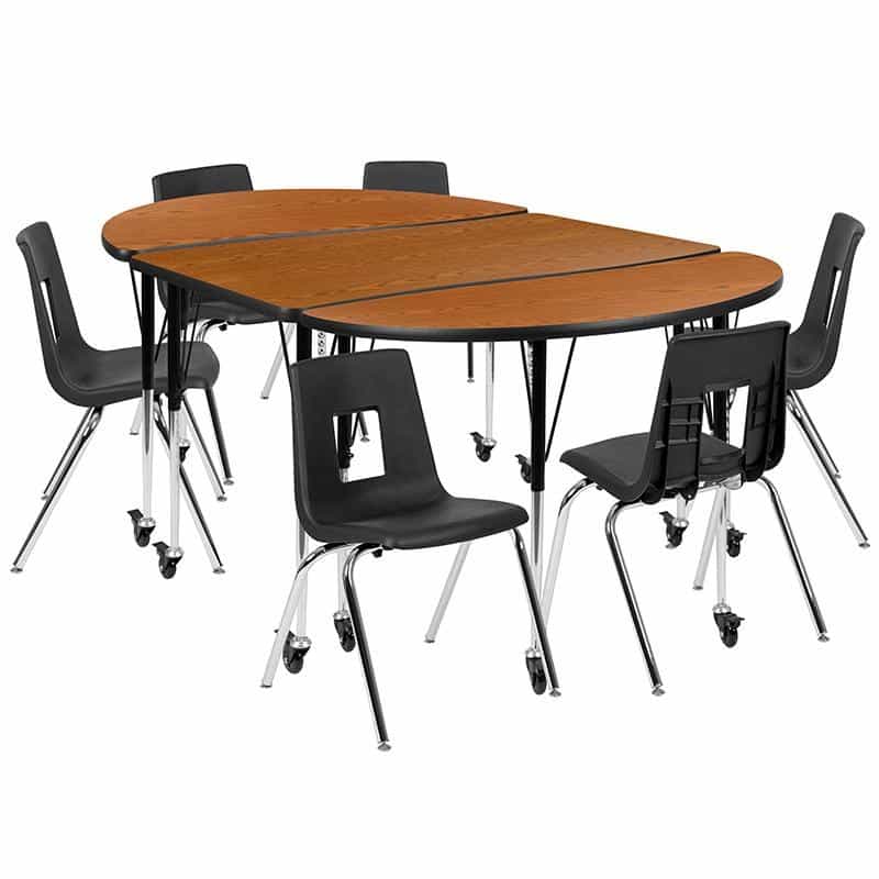 Mobile 76" Oval Wave Activity Table Set With 18" Student Stack Chairs, Oak/Black