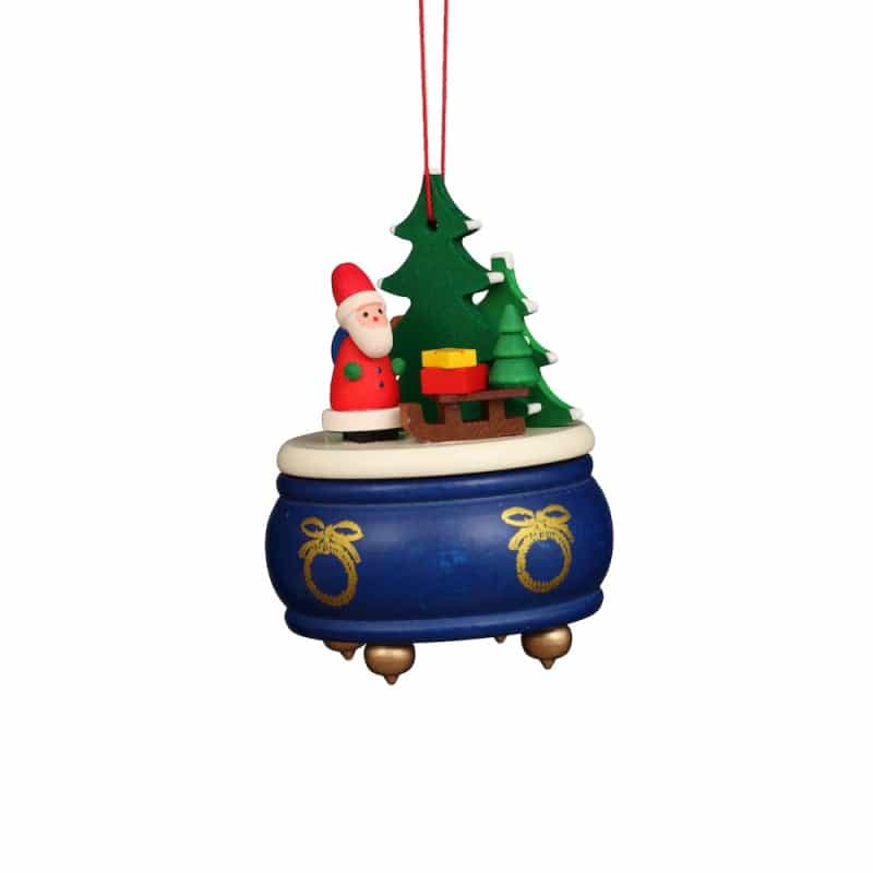 Ornament - Blue Music Box With Santa - 3"H X 2.5"W X 2.5"d
