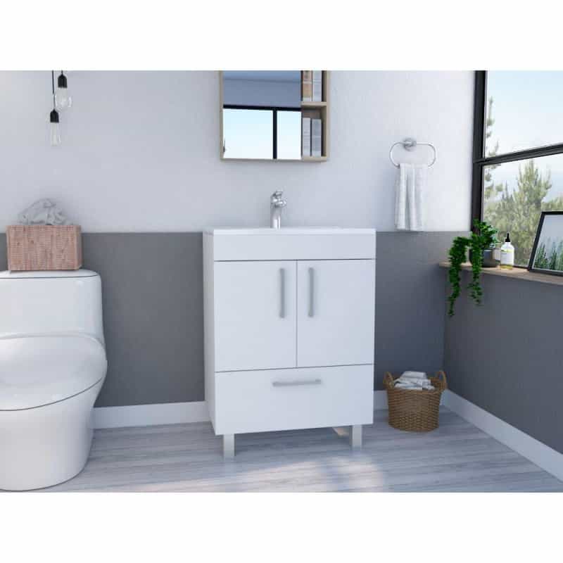 Depot E-Shop Essential Single Bathroom Vanity, One Draw, Two-Door Cabinet, Four Legs-White, For Bathroom