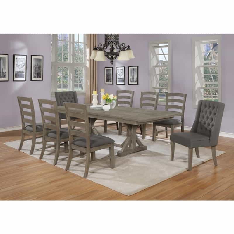 Classic Extension Dining 9 Piece Set W/18"Center Leaf, 8 Chairs In Dark Grey Linen