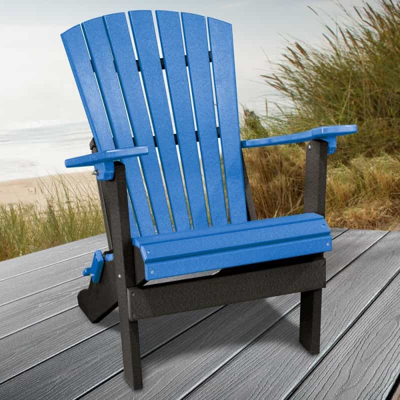 Os Home And Office Model 519Bbk Fan Back Folding Adirondack Chair In Blue With A Black Base, Made In The Usa