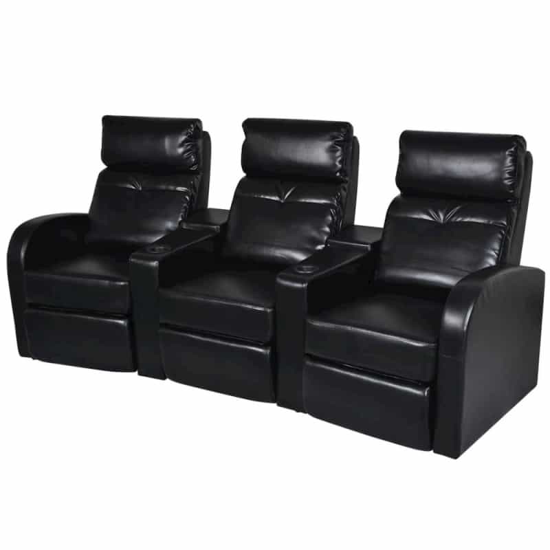 Recliner Sofa Black Faux Leather 3-Seater Adjustable Footrests