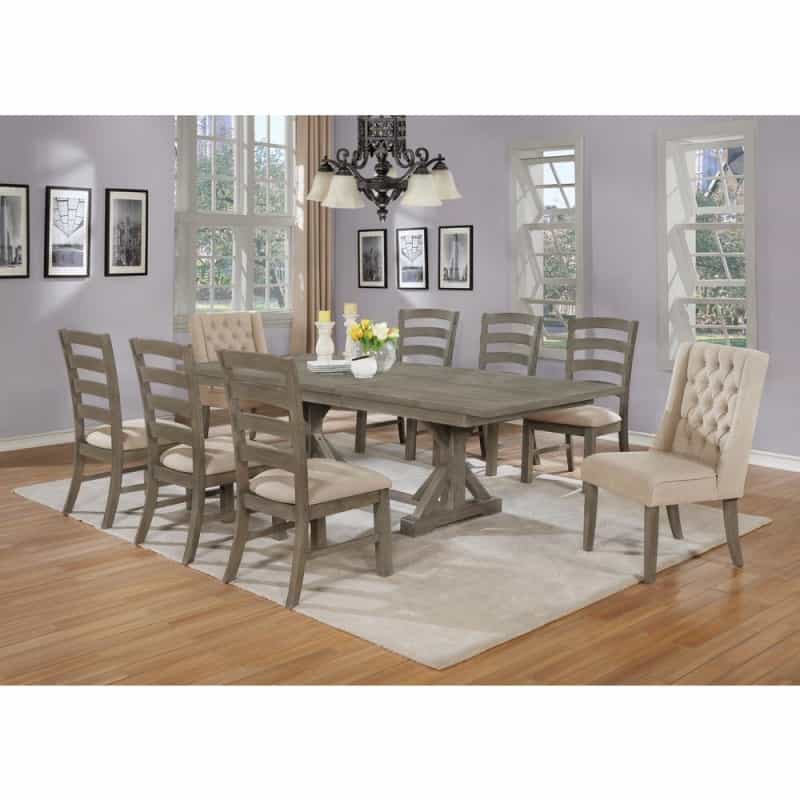 Classic Extension Dining 9 Piece Set W/18"Center Leaf, 8 Chairs In Beige Linen