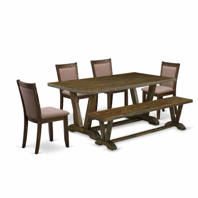 East West Furniture 6 Piece Modern Dining Table Set- A Distressed Jacobean Top Table In Trestle Base With Wood Bench And 4 Coffee Linen Fabric Dining Chairs - Distressed Jacobean Finish