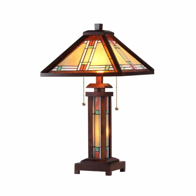 Aaron Tiffany-Style 3 Light Mission Double Lit Wooden Table Lamp 15" Shade