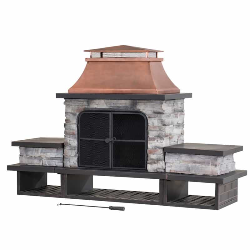 Outdoor Patio Wood Burning Fireplace With Steel Chimney, Mesh Spark Screen Doors