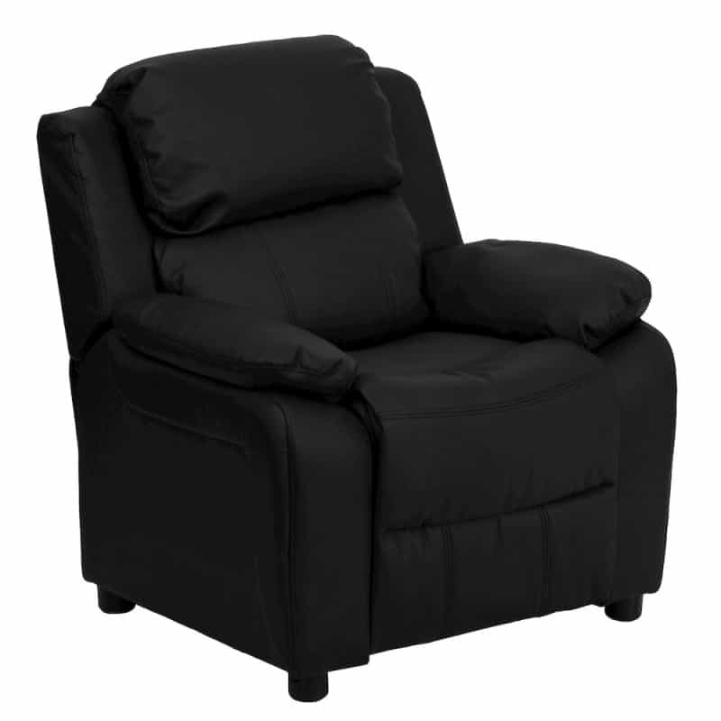 Deluxe Padded Contemporary Black Leathersoft Kids Recliner With Storage Arms