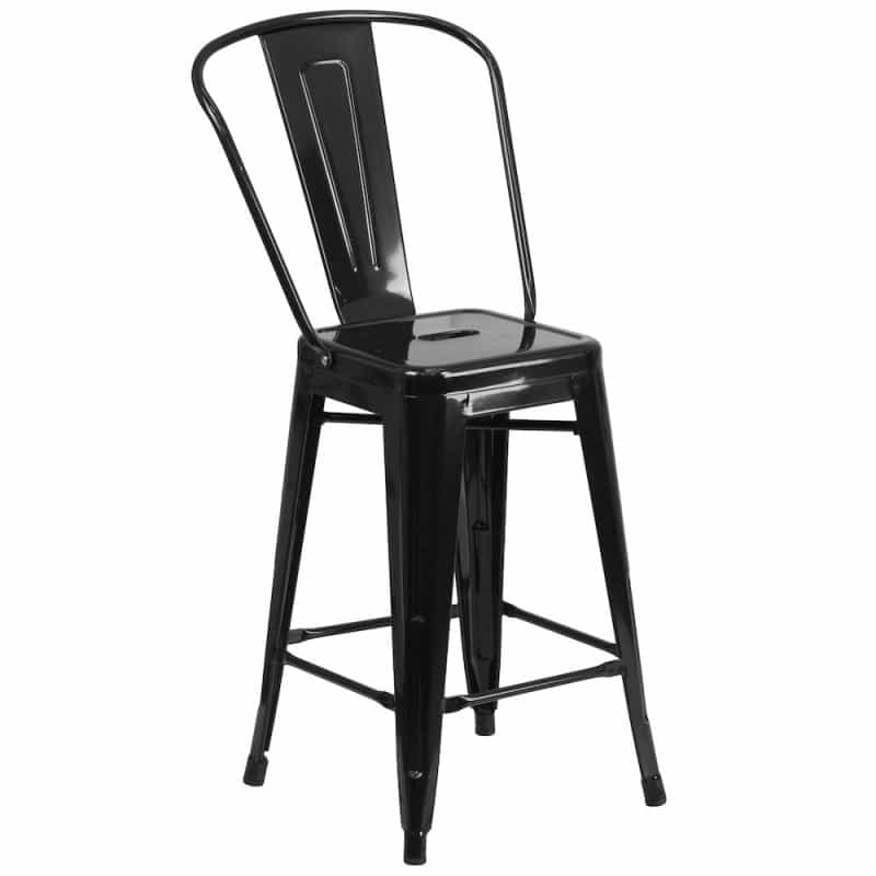 24" High Black Metal Indoor-Outdoor Counter Height Stool With Removable Back