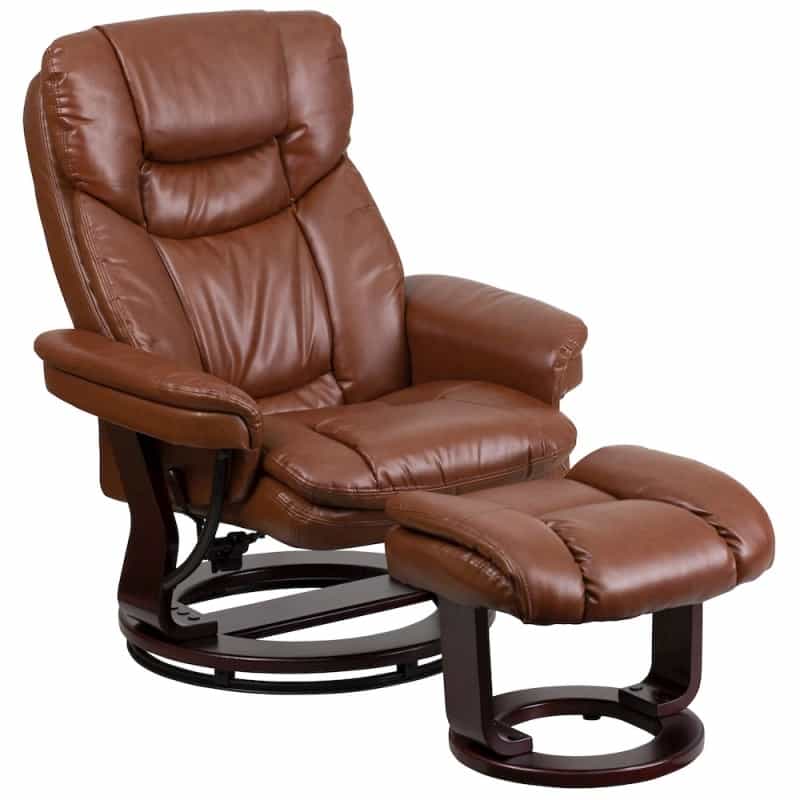 Recliner And Ottoman With Swivel Mahogany Wood Base In Brown Vintage Leathersoft