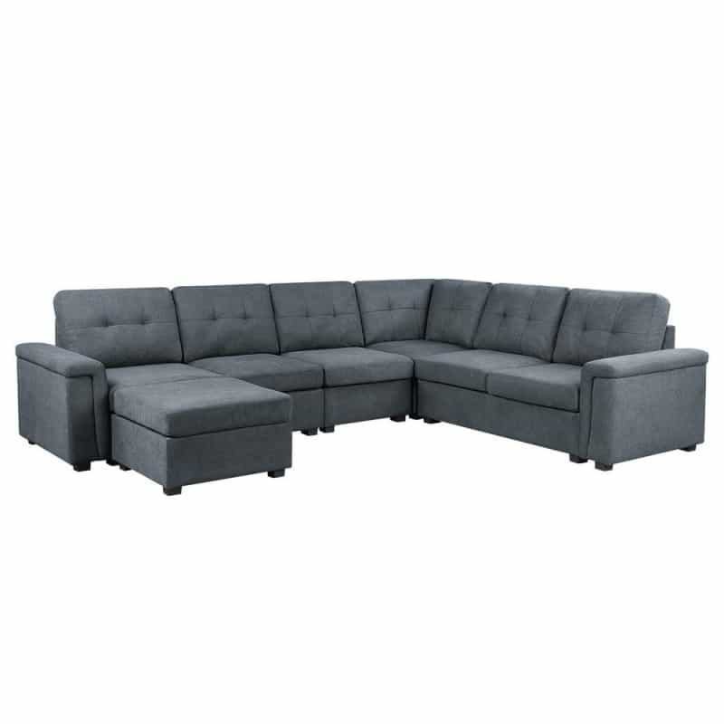 Isla Gray Woven Fabric 7-Seater Sectional Sofa, With Ottoman