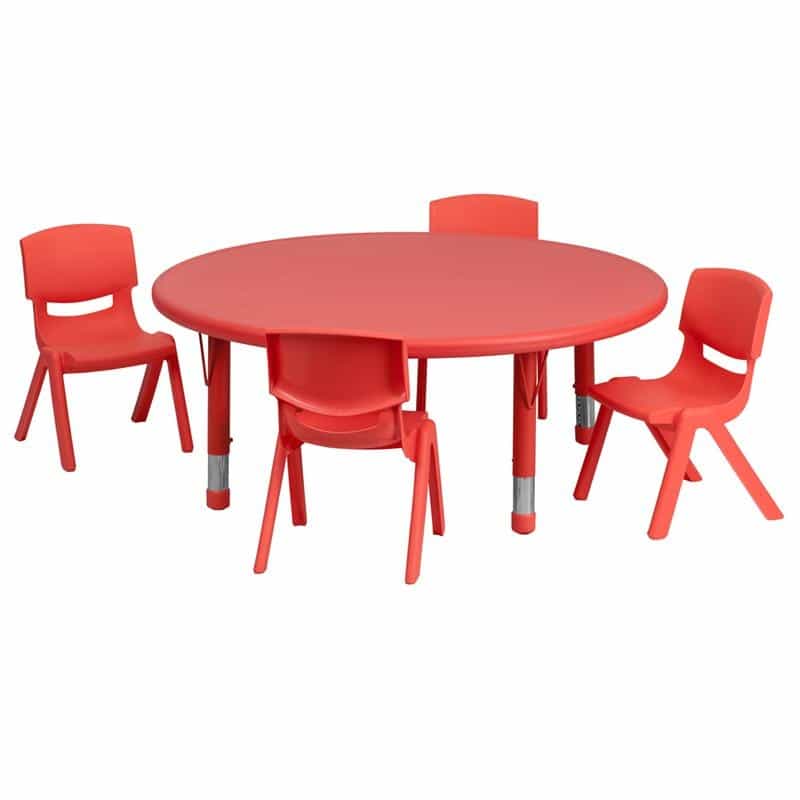 45'' Round Red Plastic Height Adjustable Activity Table Set With 4 Chairs