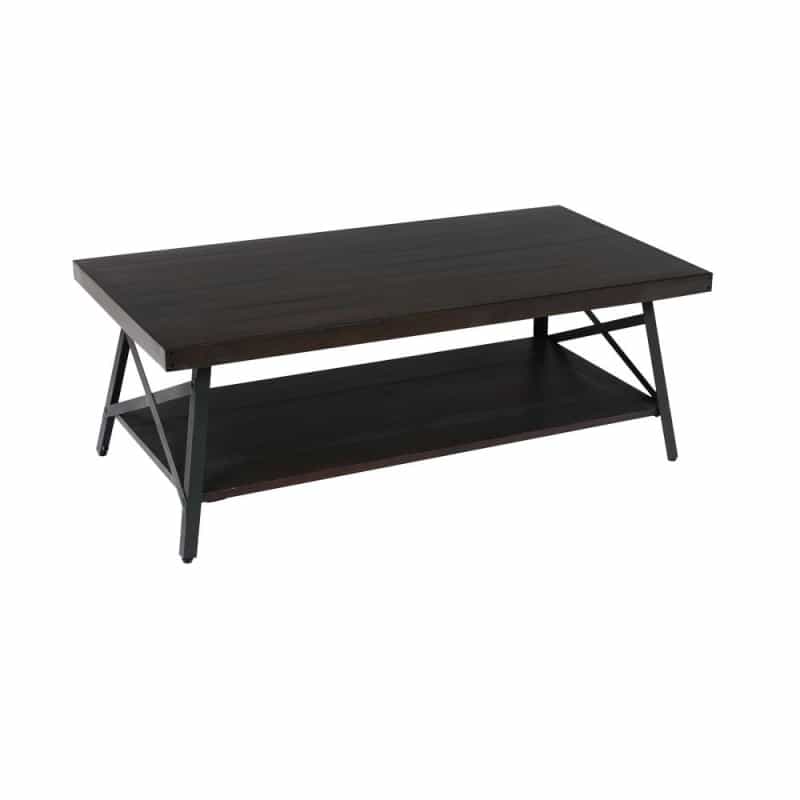 Gray 48" Coffee Table With Solid Wood Top, Metal Base, And Open Storage Shelf