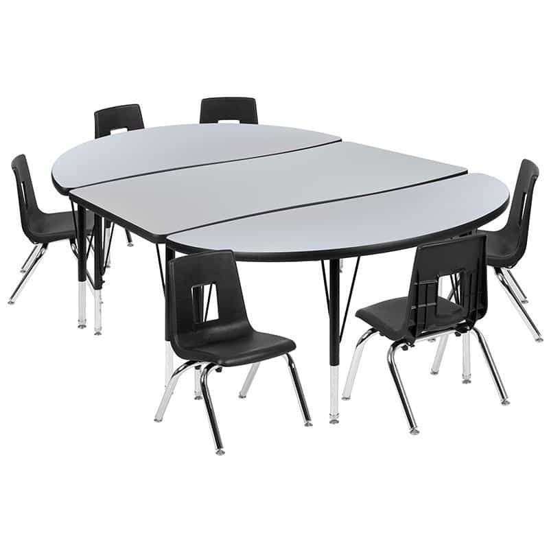 76" Oval Wave Activity Table Set With 14" Student Stack Chairs, Grey/Black